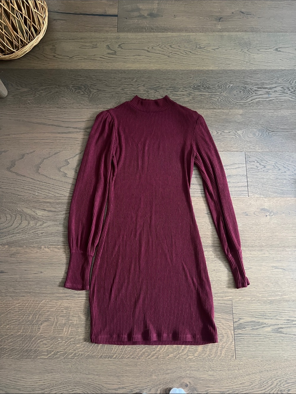 Garage Ribbed Mock Neck Long Sleeve Dress in Wine